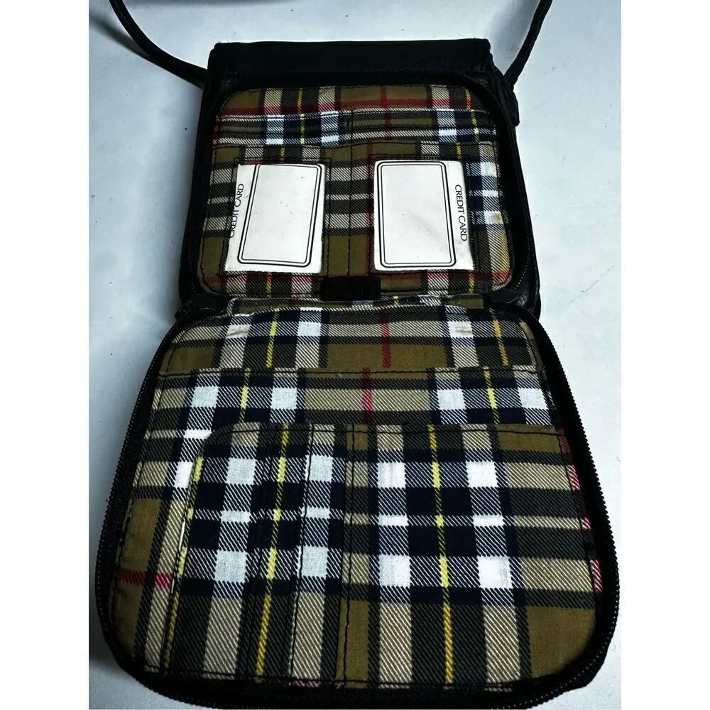 Unisex Faux Leather Black Crossbody Bag with Card Slots Plaid Lined - Picture 11 of 14